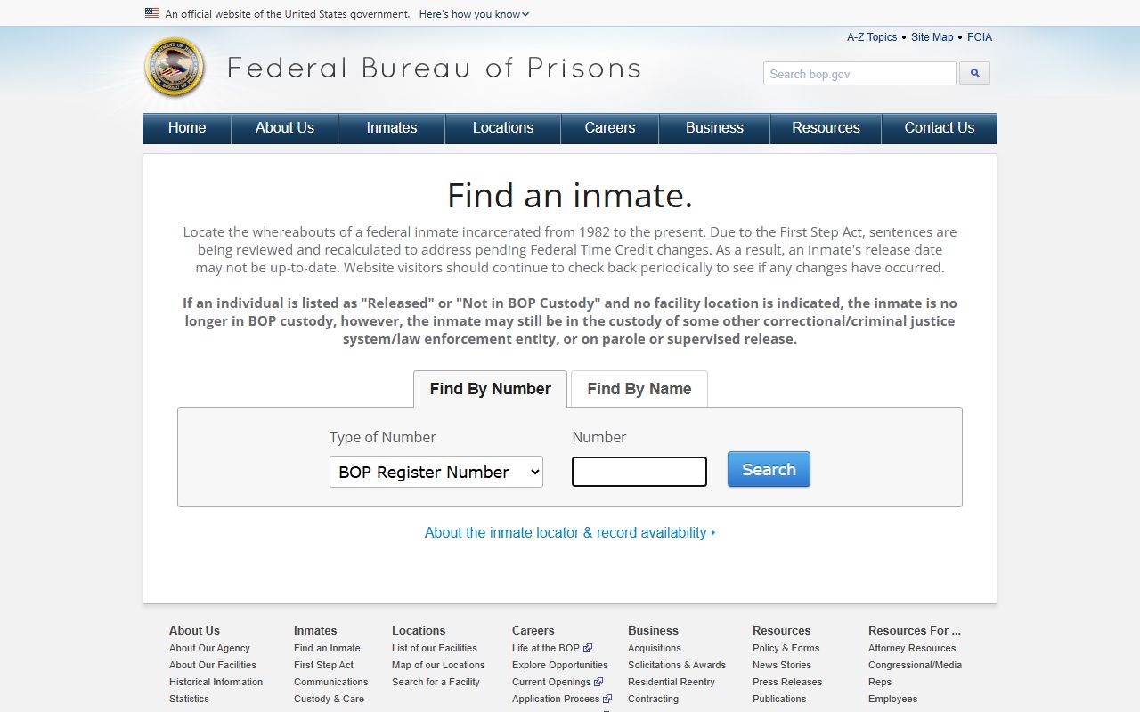 BOP federal inmate locator search page for federal number and name searches