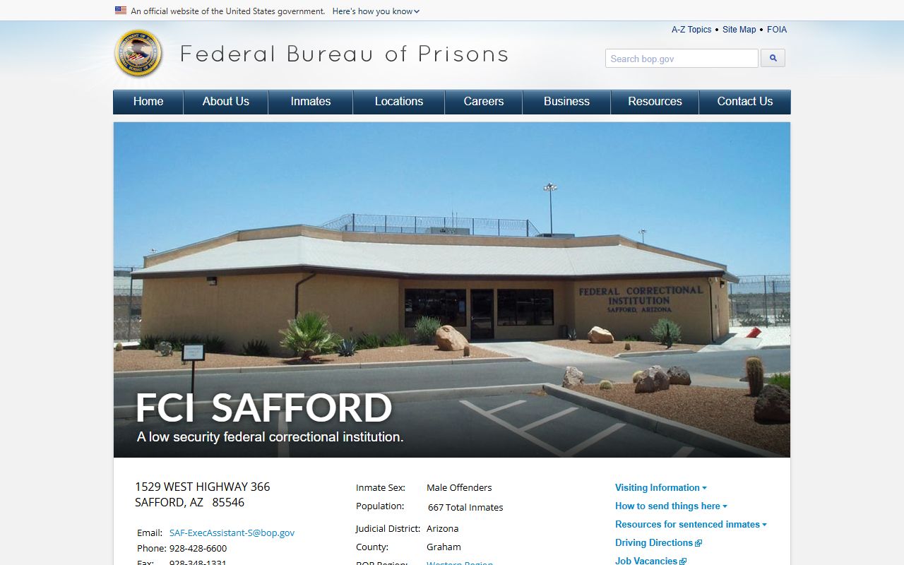 Official BOP FCI Safford facility page for the federal correctional institution in Safford Arizona
