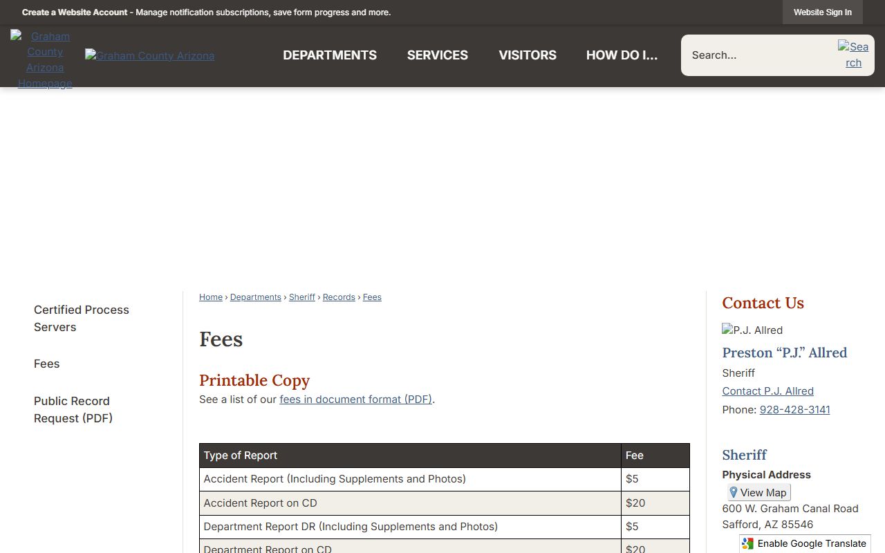 Graham County sheriff fees for booking photo and inmate record requests