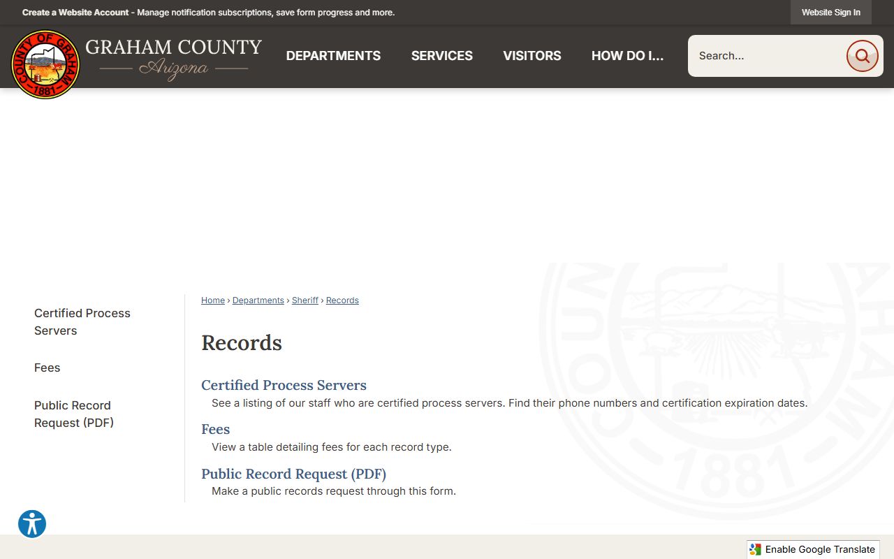 Graham County Sheriff's records page for inmate records requests